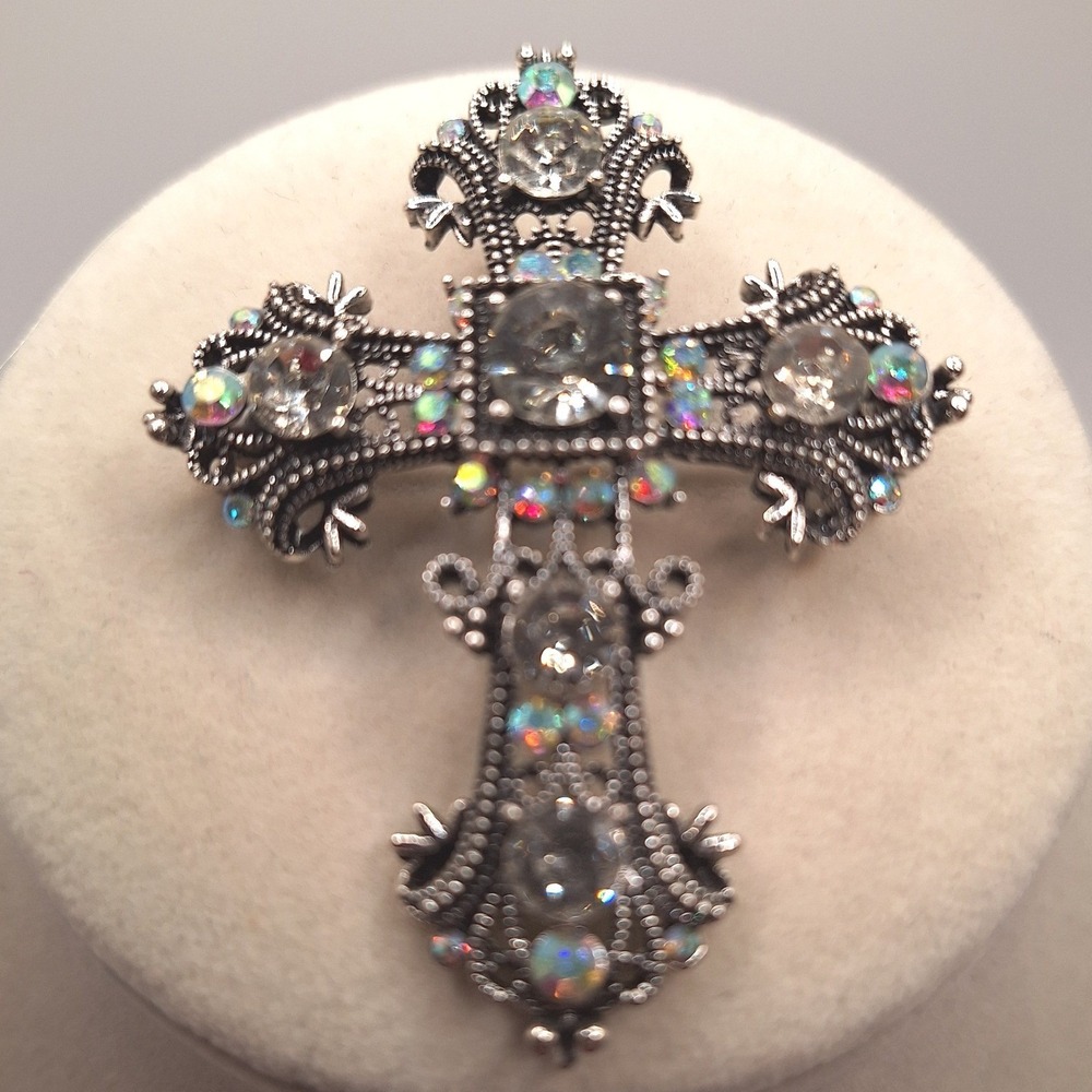 Gothic filigree cross brooch pendant AB rhinestones Victorian Revival